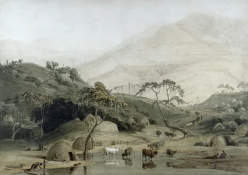 A Kaffir Village, ca. 1801 (wc og grafit på papir)